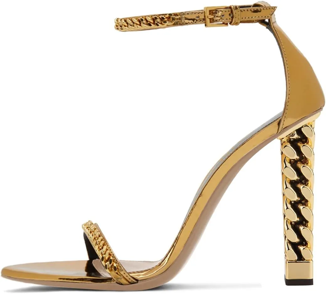 FYS Women Open Toe Ankle Strap Sandals Gold Metal Chain Chunky High Heels with Buckle Dress Party Pumps Shoes Size 4-15 US