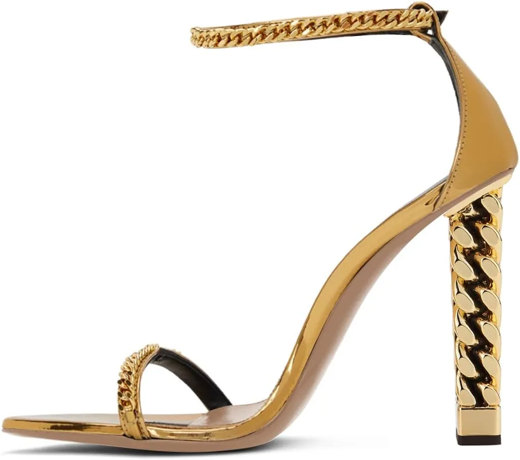 FYS Women Open Toe Ankle Strap Sandals Gold Metal Chain Chunky High Heels with Buckle Dress Party Pumps Shoes Size 4-15 US