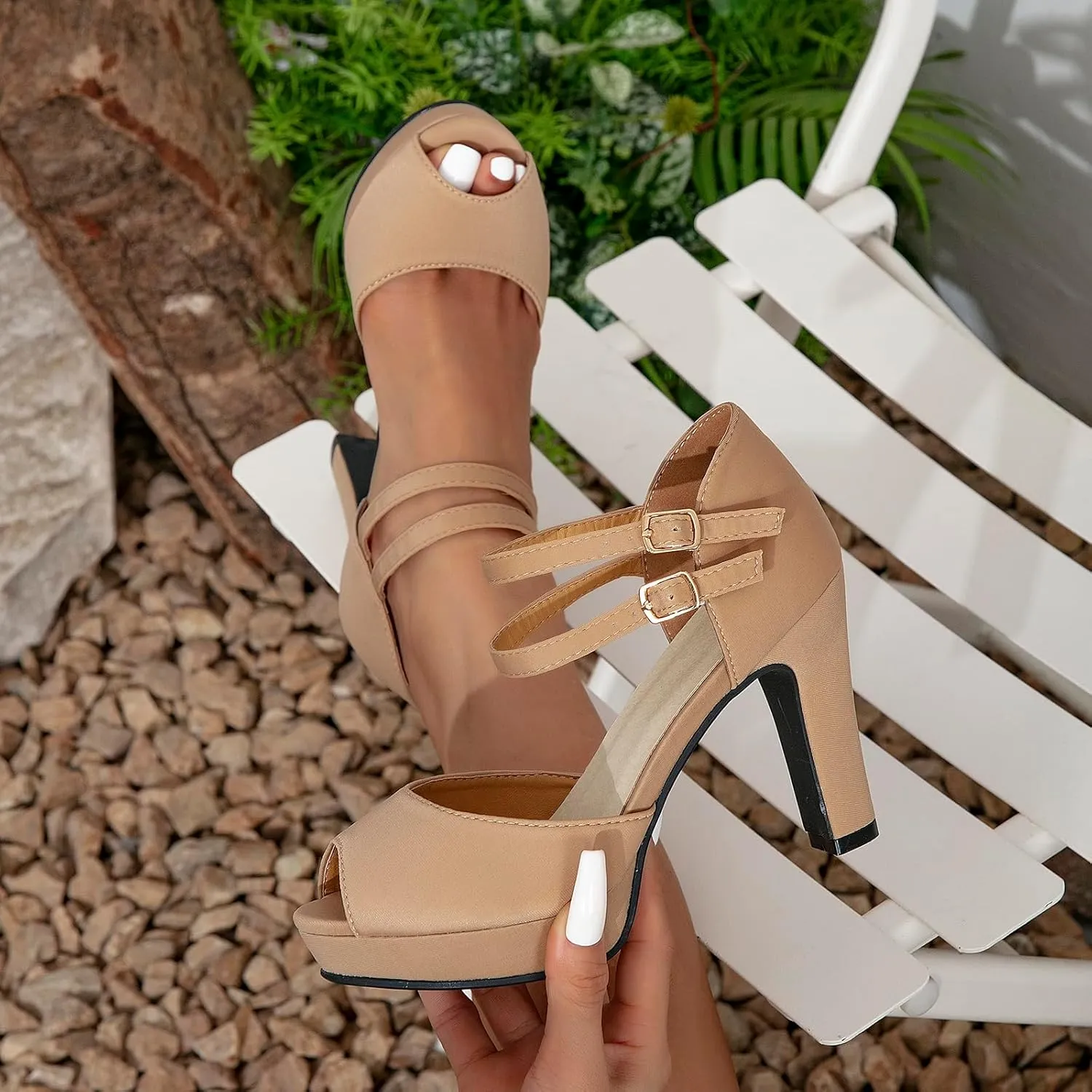 GATUXUS Women's Chunky High Heels Sandals Open Toe Platform Ankle Strappy Sandals Dress Shoes