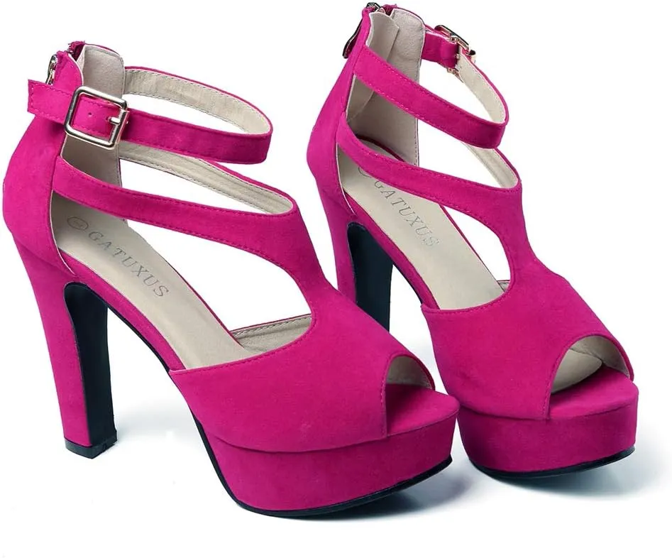 GATUXUS Women's Platform Chunky High Heels Sandals Open Toe Ankle Strap Sexy Dress Sandals Pumps Summer Shoes