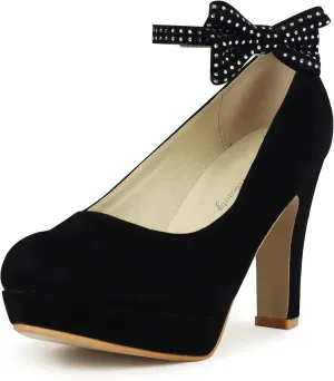 GATUXUS Women's Platform High Heel Dress Pumps Ankle Strap Bow Chunky Heels Shoes for Party Wedding Prom