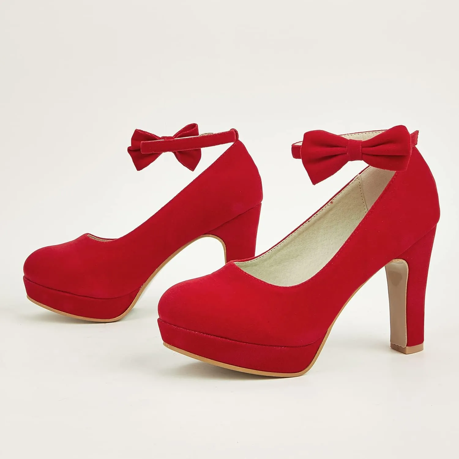 GATUXUS Women's Platform High Heel Dress Pumps Ankle Strap Bow Chunky Heels Shoes for Party Wedding Prom