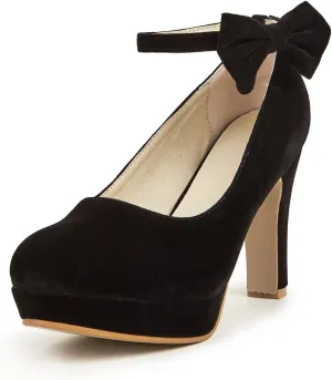 GATUXUS Women's Platform High Heel Dress Pumps Ankle Strap Bow Chunky Heels Shoes for Party Wedding Prom