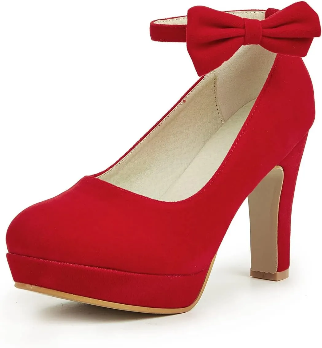 GATUXUS Women's Platform High Heel Dress Pumps Ankle Strap Bow Chunky Heels Shoes for Party Wedding Prom