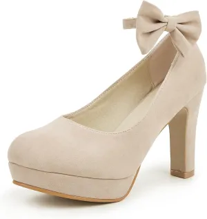 GATUXUS Women's Platform High Heel Dress Pumps Ankle Strap Bow Chunky Heels Shoes for Party Wedding Prom