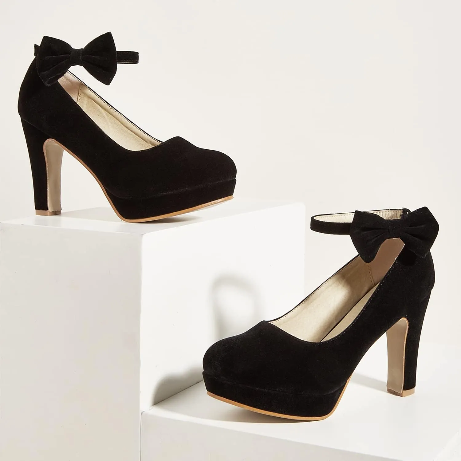 GATUXUS Women's Platform High Heel Dress Pumps Ankle Strap Bow Chunky Heels Shoes for Party Wedding Prom
