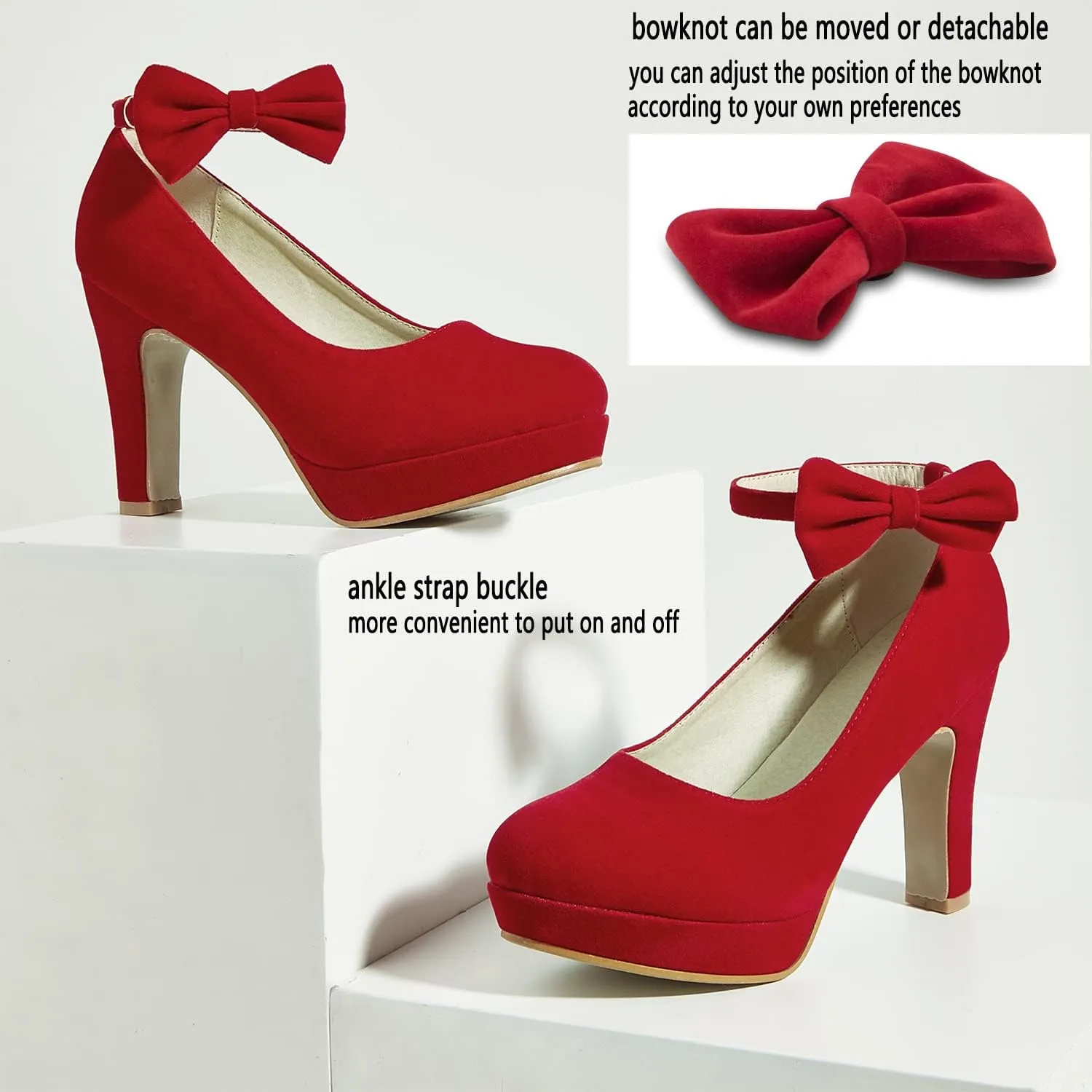 GATUXUS Women's Platform High Heel Dress Pumps Ankle Strap Bow Chunky Heels Shoes for Party Wedding Prom