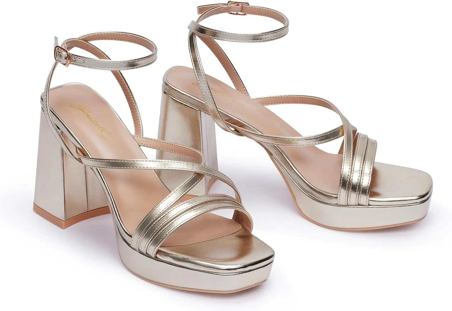 GENSHUO Women's Chunky Platform High Heel Sandals with Ankle Strap and Open Square Toe - 4 Inches Heels