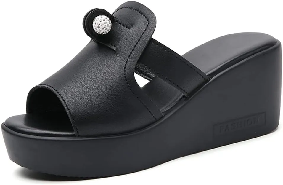 GEXECEUSS Womens Wedge Sandals Slope Heel Thick Bottom Slip On Slippers Non Slip Vintage Open Toe Sandals for Street Work School Beach