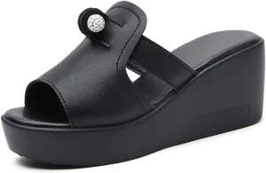 GEXECEUSS Womens Wedge Sandals Slope Heel Thick Bottom Slip On Slippers Non Slip Vintage Open Toe Sandals for Street Work School Beach