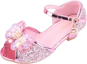 Girls Glitter Sandals Low Heels Shiny Dress Shoes with Bow Party Wedding Flower Girl Shoe for Toddler Baby