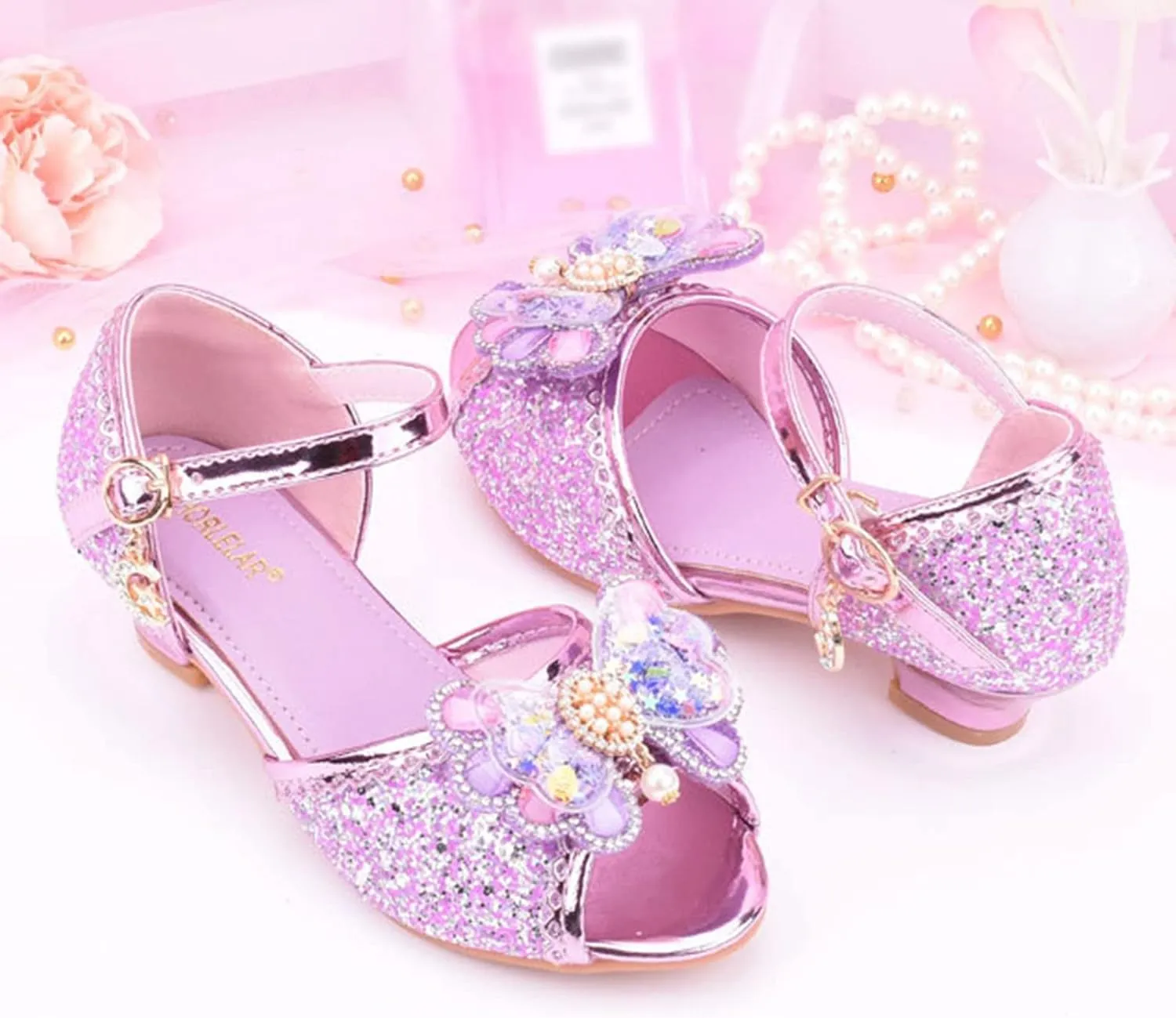 Girls Glitter Sandals Low Heels Shiny Dress Shoes with Bow Party Wedding Flower Girl Shoe for Toddler Baby