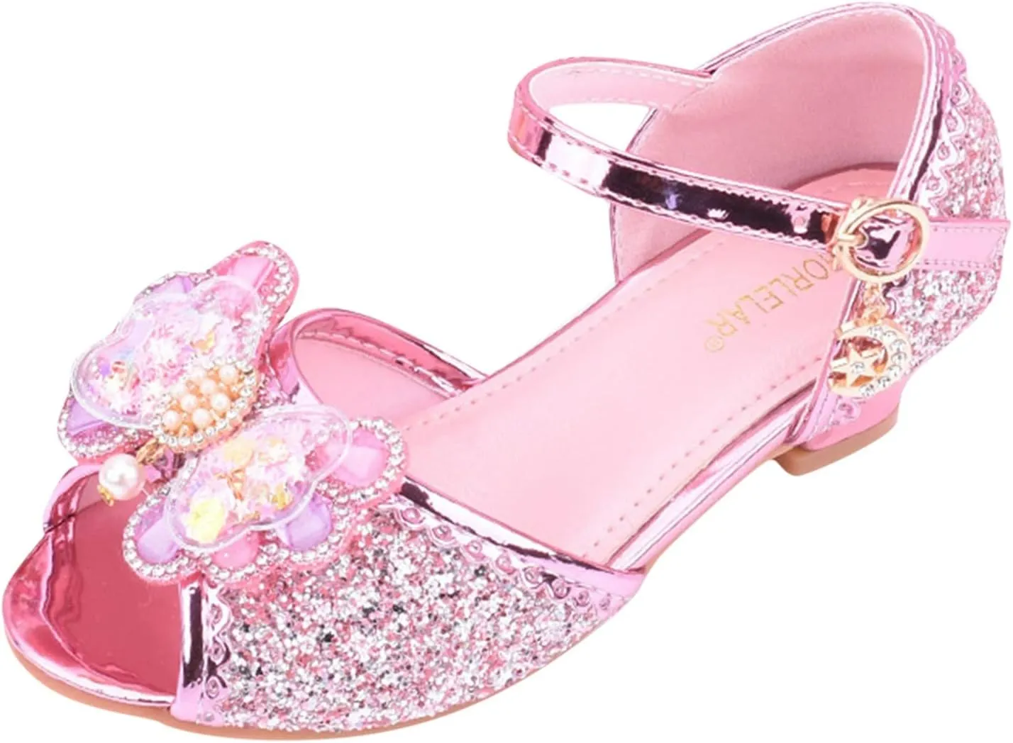 Girls Glitter Sandals Low Heels Shiny Dress Shoes with Bow Party Wedding Flower Girl Shoe for Toddler Baby