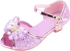 Girls Glitter Sandals Low Heels Shiny Dress Shoes with Bow Party Wedding Flower Girl Shoe for Toddler Baby