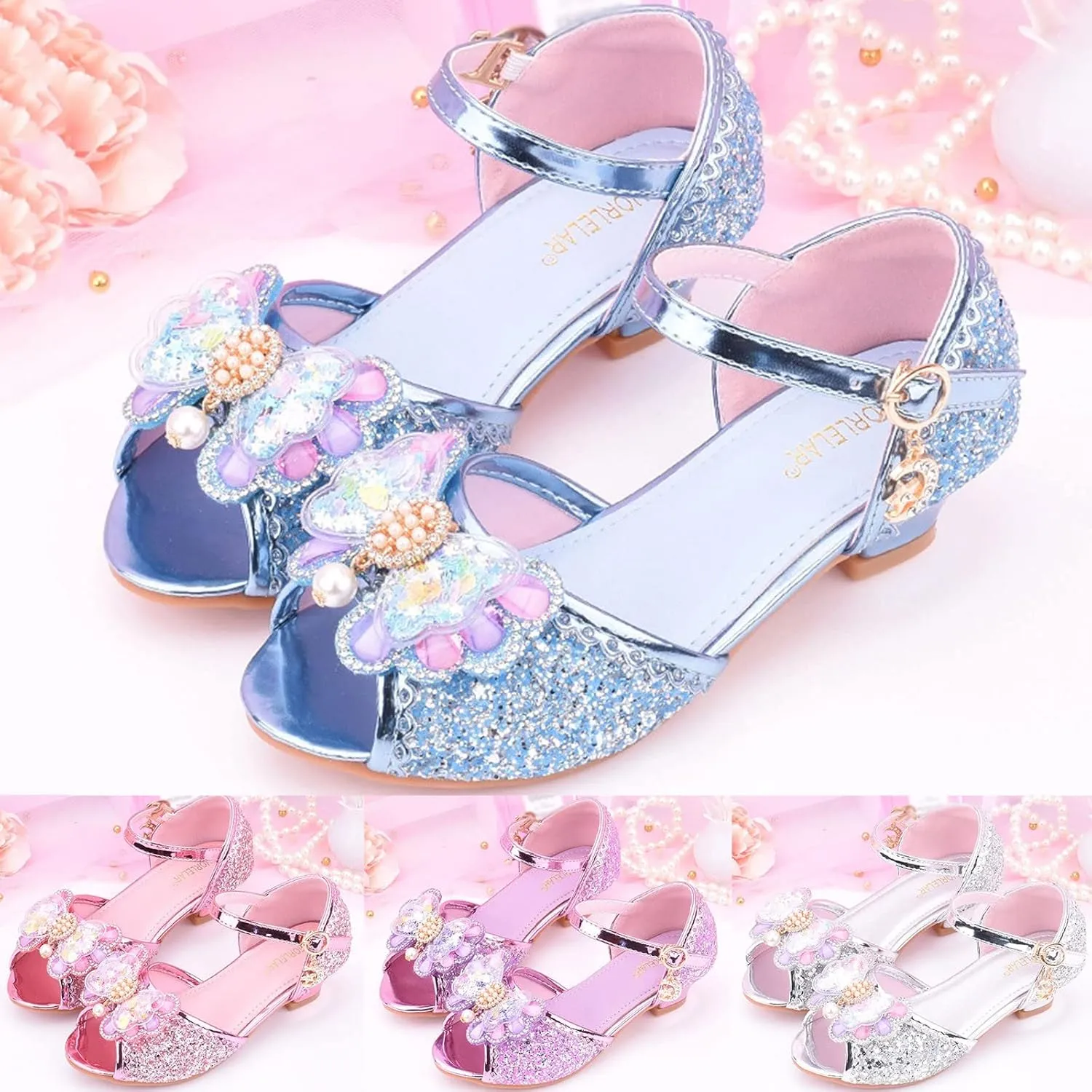 Girls Glitter Sandals Low Heels Shiny Dress Shoes with Bow Party Wedding Flower Girl Shoe for Toddler Baby