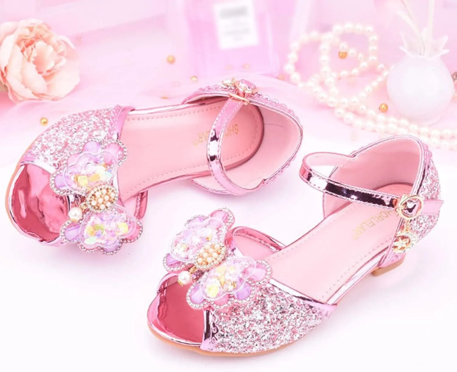 Girls Glitter Sandals Low Heels Shiny Dress Shoes with Bow Party Wedding Flower Girl Shoe for Toddler Baby