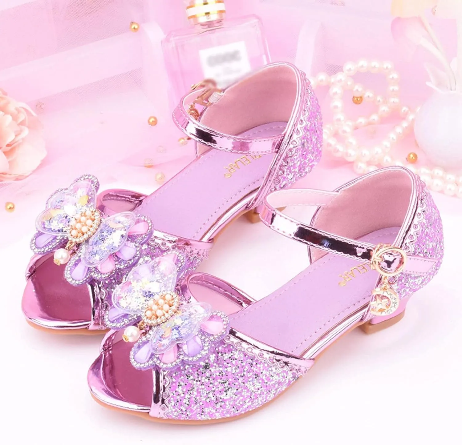 Girls Glitter Sandals Low Heels Shiny Dress Shoes with Bow Party Wedding Flower Girl Shoe for Toddler Baby