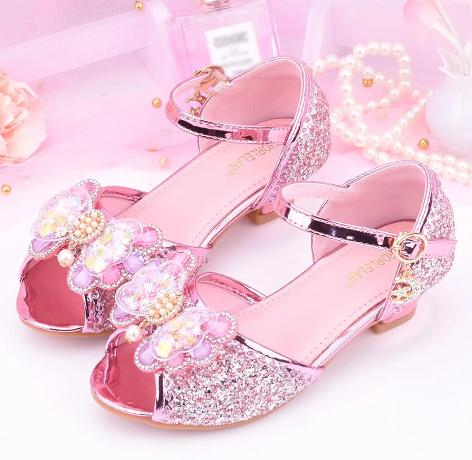 Girls Glitter Sandals Low Heels Shiny Dress Shoes with Bow Party Wedding Flower Girl Shoe for Toddler Baby