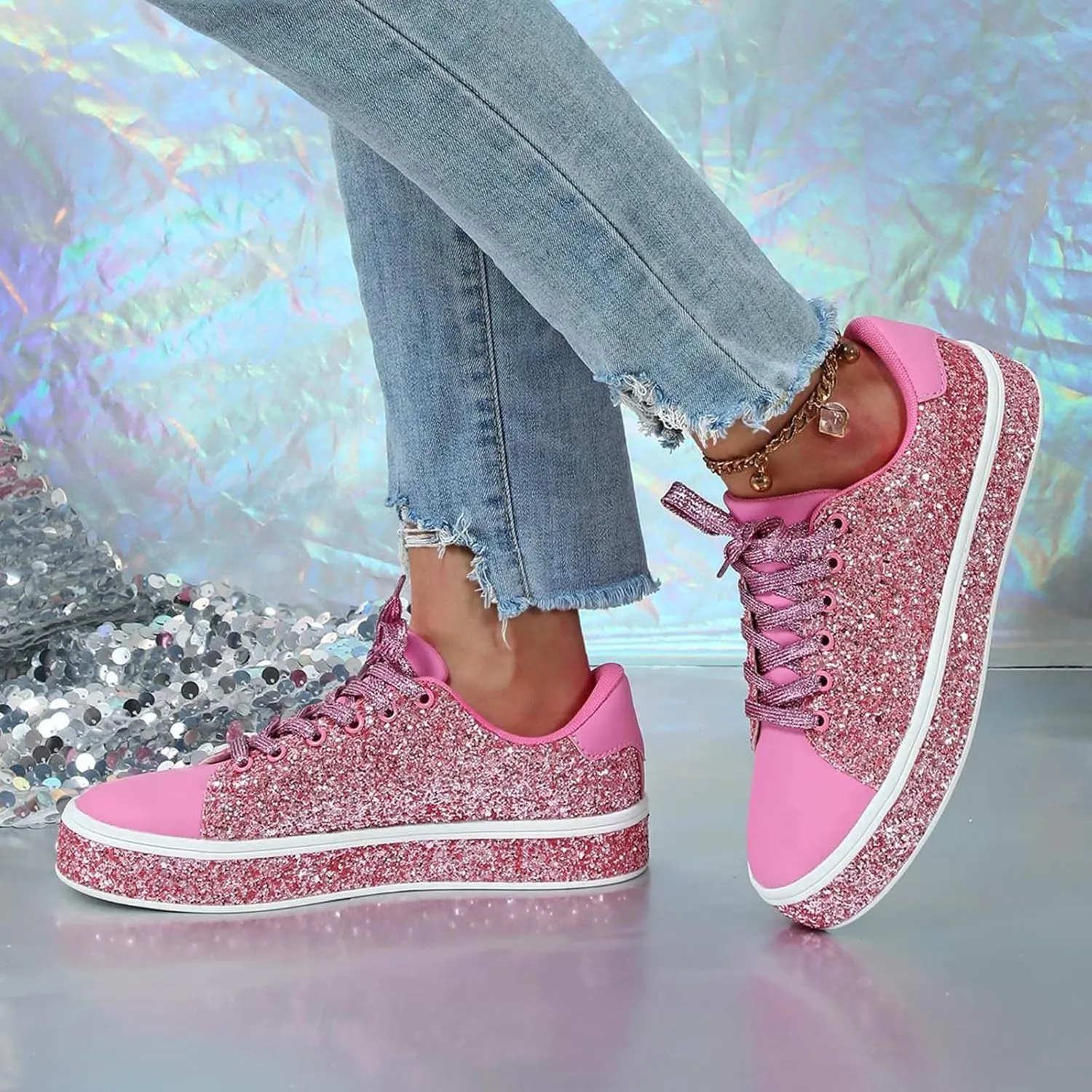 Glitter Sneakers for Women Women Glitter Sneakers Fashion Shiny Sparkle Sneakers Comfortable Lace Up Walking Shoes Cute