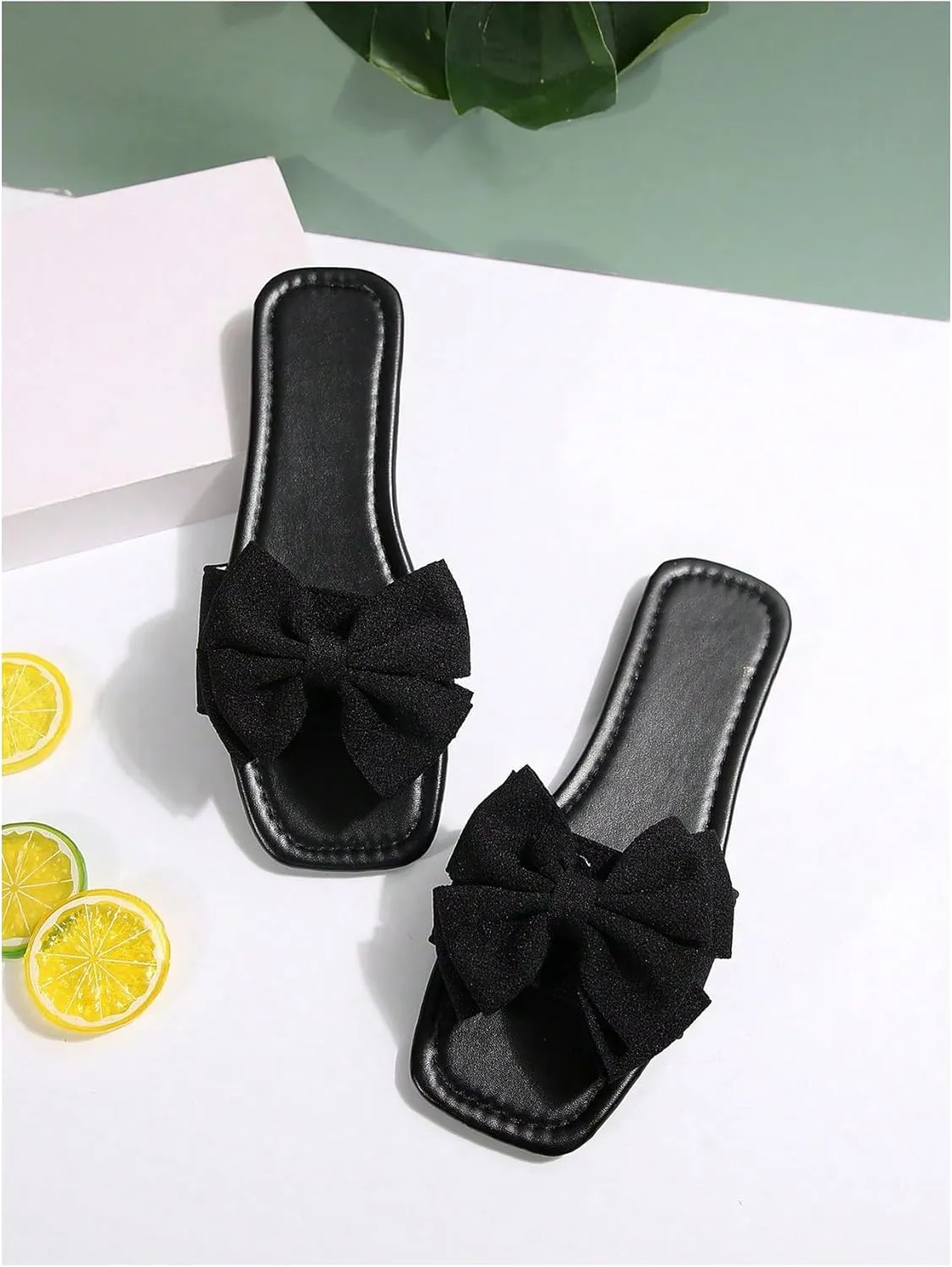 GORGLITTER Women's Bow Flat Sandals Cute Slip on Slide Dressy Vacation Sandals