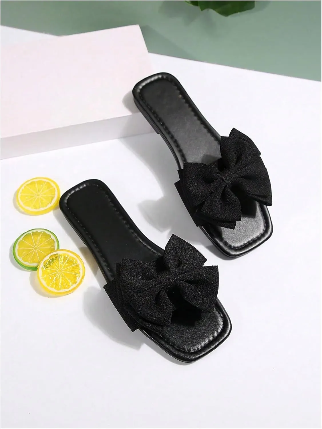 GORGLITTER Women's Bow Flat Sandals Cute Slip on Slide Dressy Vacation Sandals