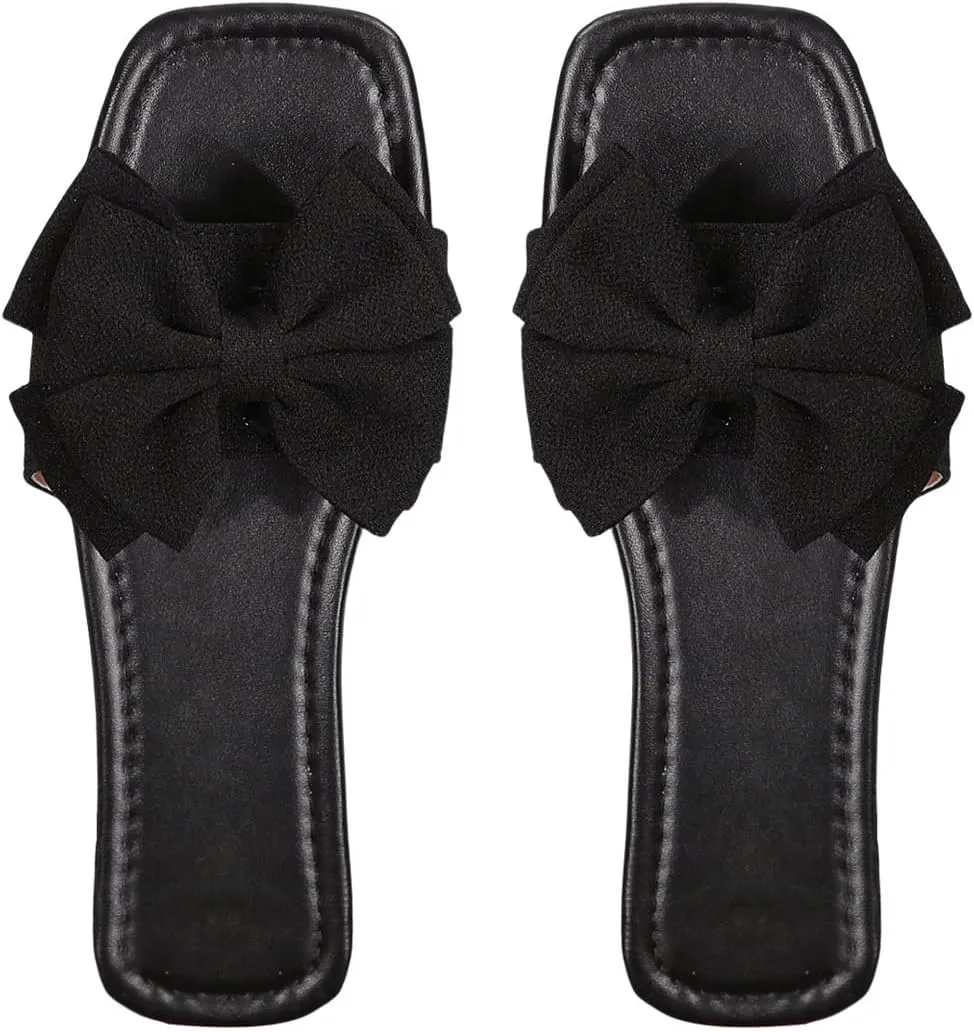 GORGLITTER Women's Bow Flat Sandals Cute Slip on Slide Dressy Vacation Sandals