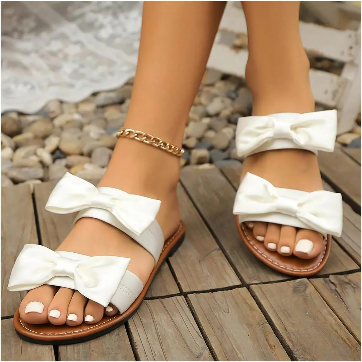 GORGLITTER Women's Bow Flat Sandals Dressy Double Strap Cute Vacation Slide Shoes