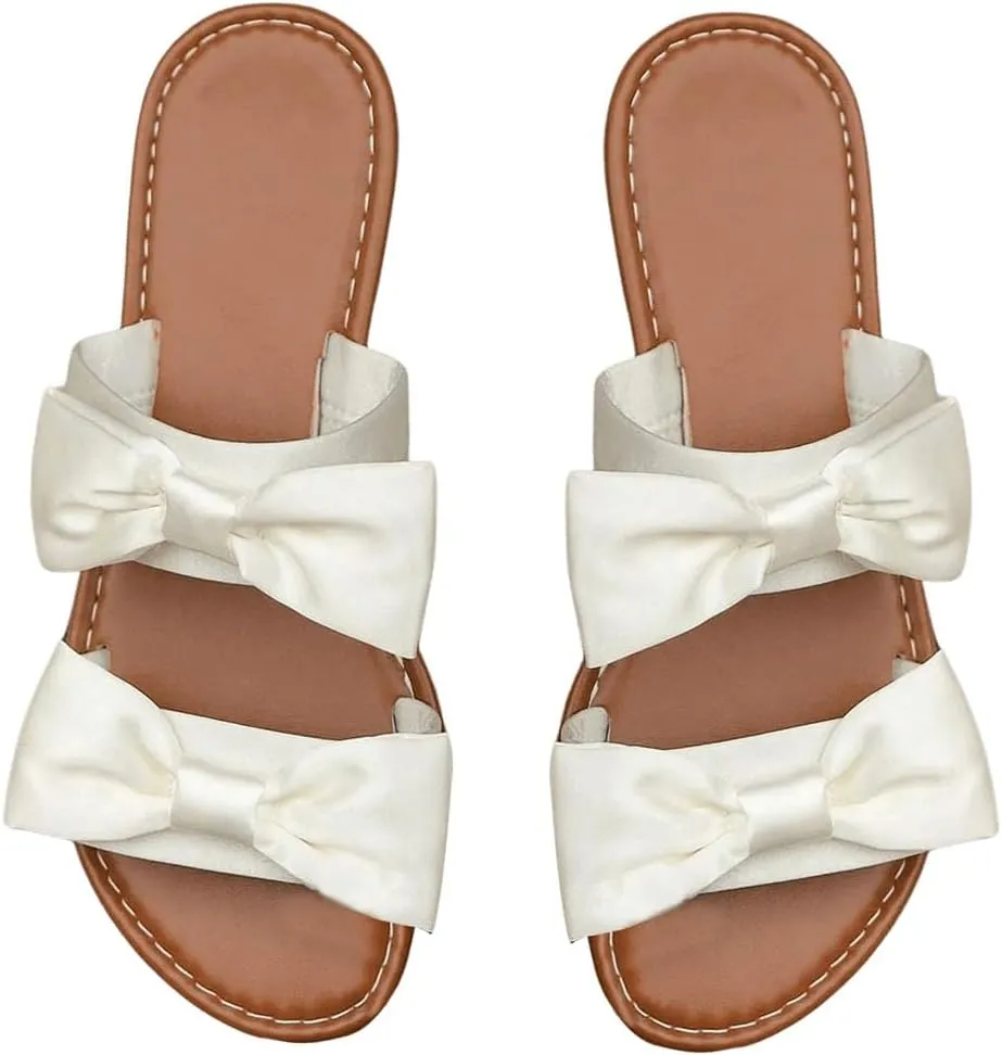 GORGLITTER Women's Bow Flat Sandals Dressy Double Strap Cute Vacation Slide Shoes