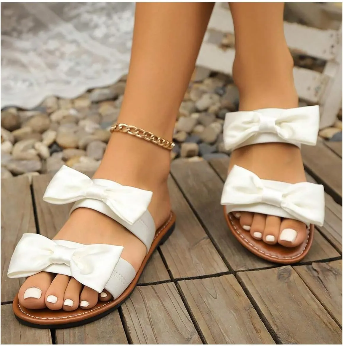 GORGLITTER Women's Bow Flat Sandals Dressy Double Strap Cute Vacation Slide Shoes