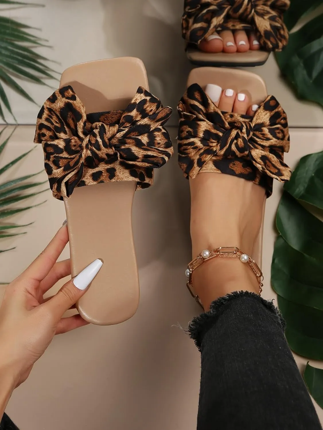 GORGLITTER Women's Bow Sandals Square Open Toe Slip on Dressy Summer Sandals
