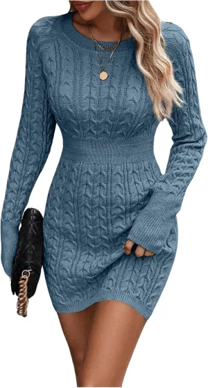 GORGLITTER Women's Cable Knit Sweater Dress Long Sleeve Knit Winter Dresses Crewneck Mini Pencil Dresses