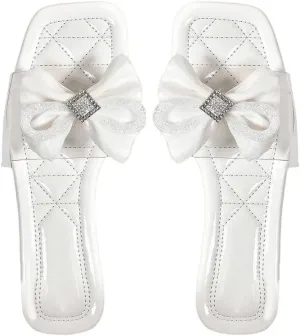 GORGLITTER Women's Clear Sandals Bow Flat Dressy Open Toe Slip on Slide Comfortable Sandals