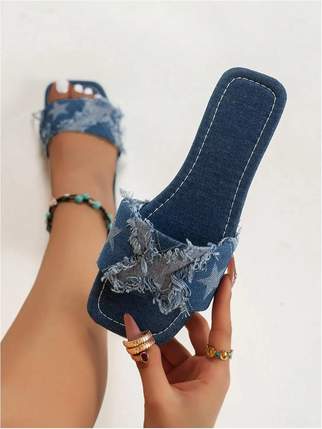 GORGLITTER Women's Denim Sandals Square Toe Cute Dressy Y2k Slip On Slides Jean Shoes