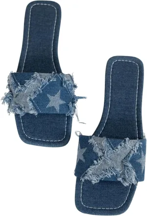 GORGLITTER Women's Denim Sandals Square Toe Cute Dressy Y2k Slip On Slides Jean Shoes