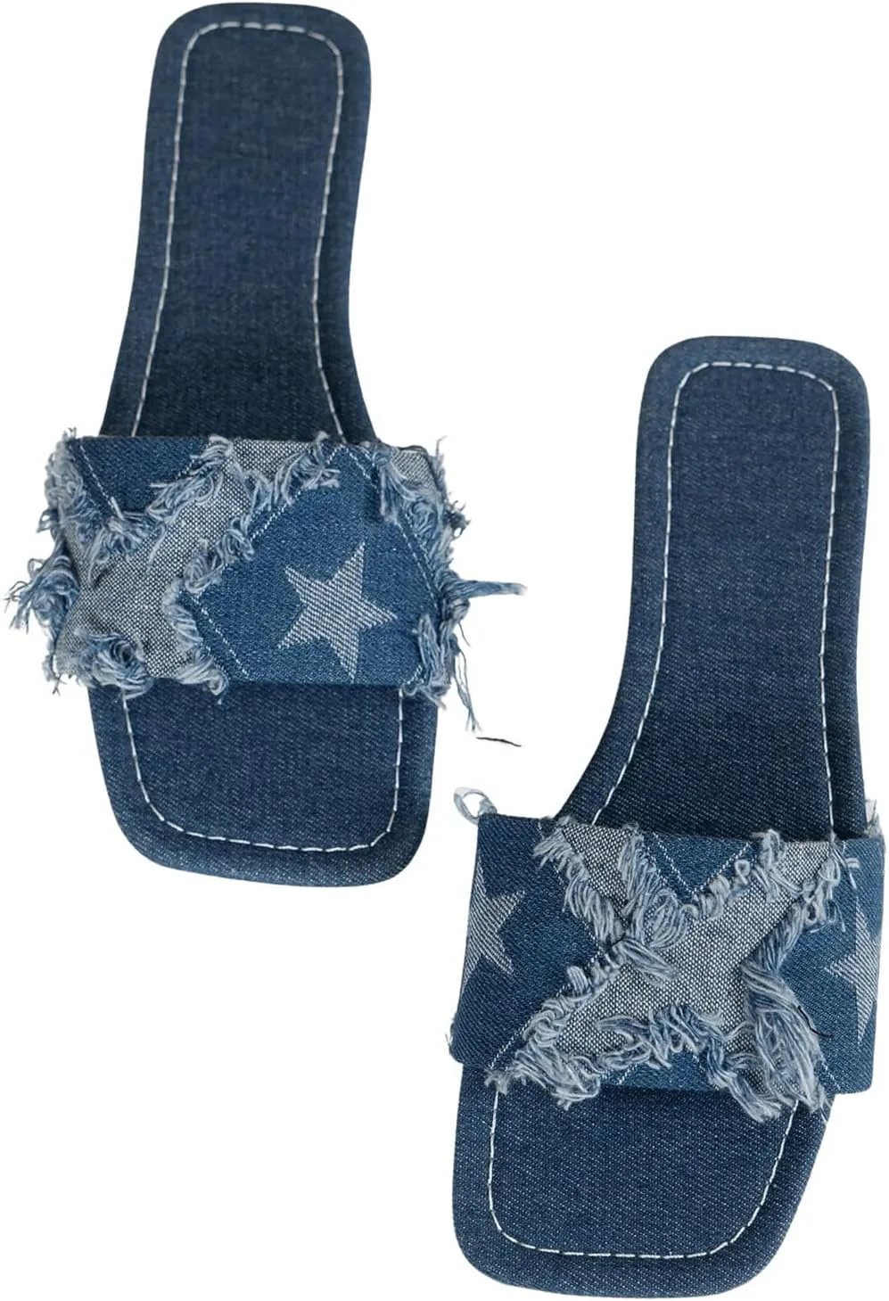 GORGLITTER Women's Denim Sandals Square Toe Cute Dressy Y2k Slip On Slides Jean Shoes