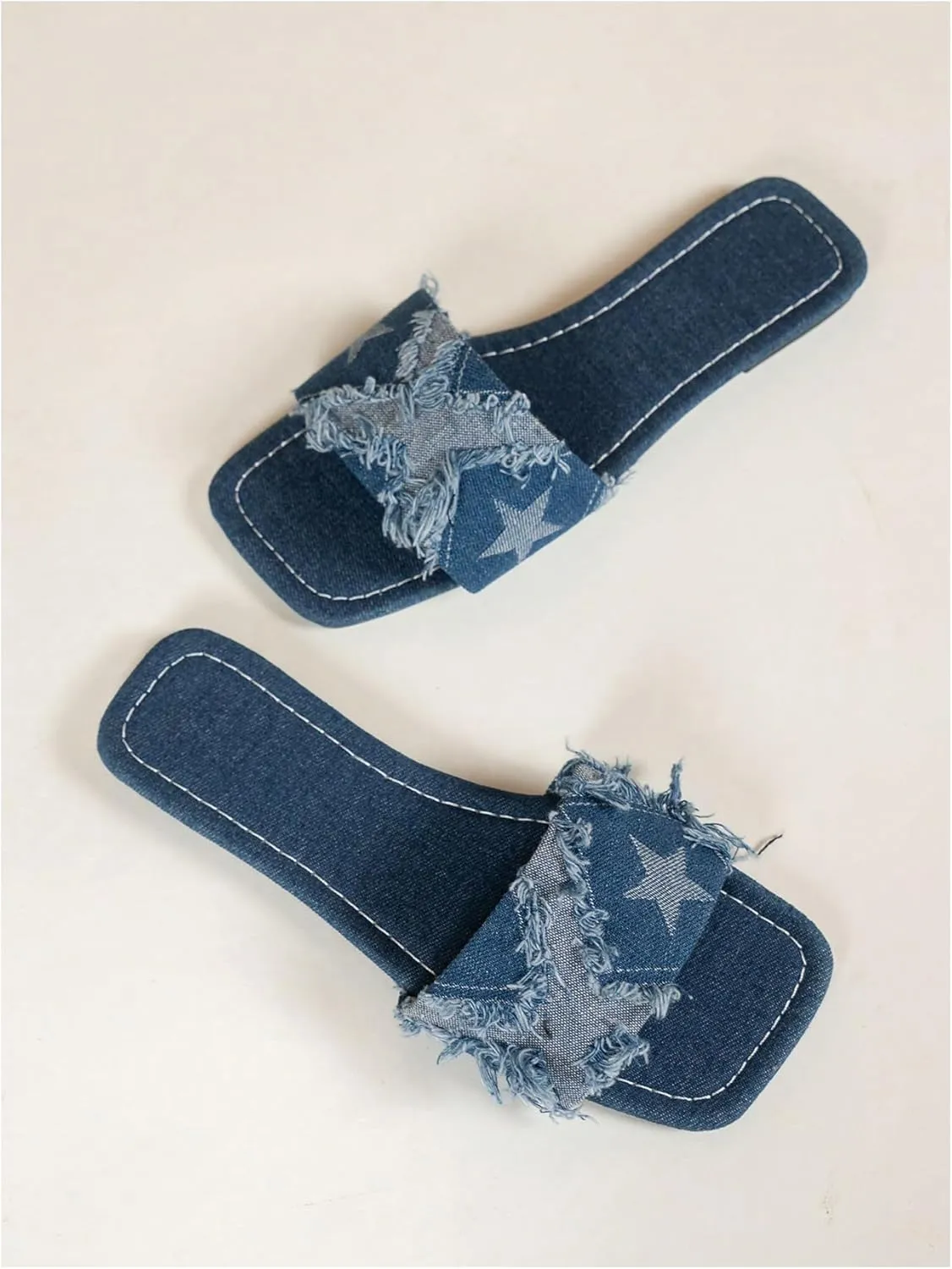 GORGLITTER Women's Denim Sandals Square Toe Cute Dressy Y2k Slip On Slides Jean Shoes