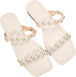GORGLITTER Women's Pearl Clear Sandals Two Strap Summer Open Toe Slides Sandals