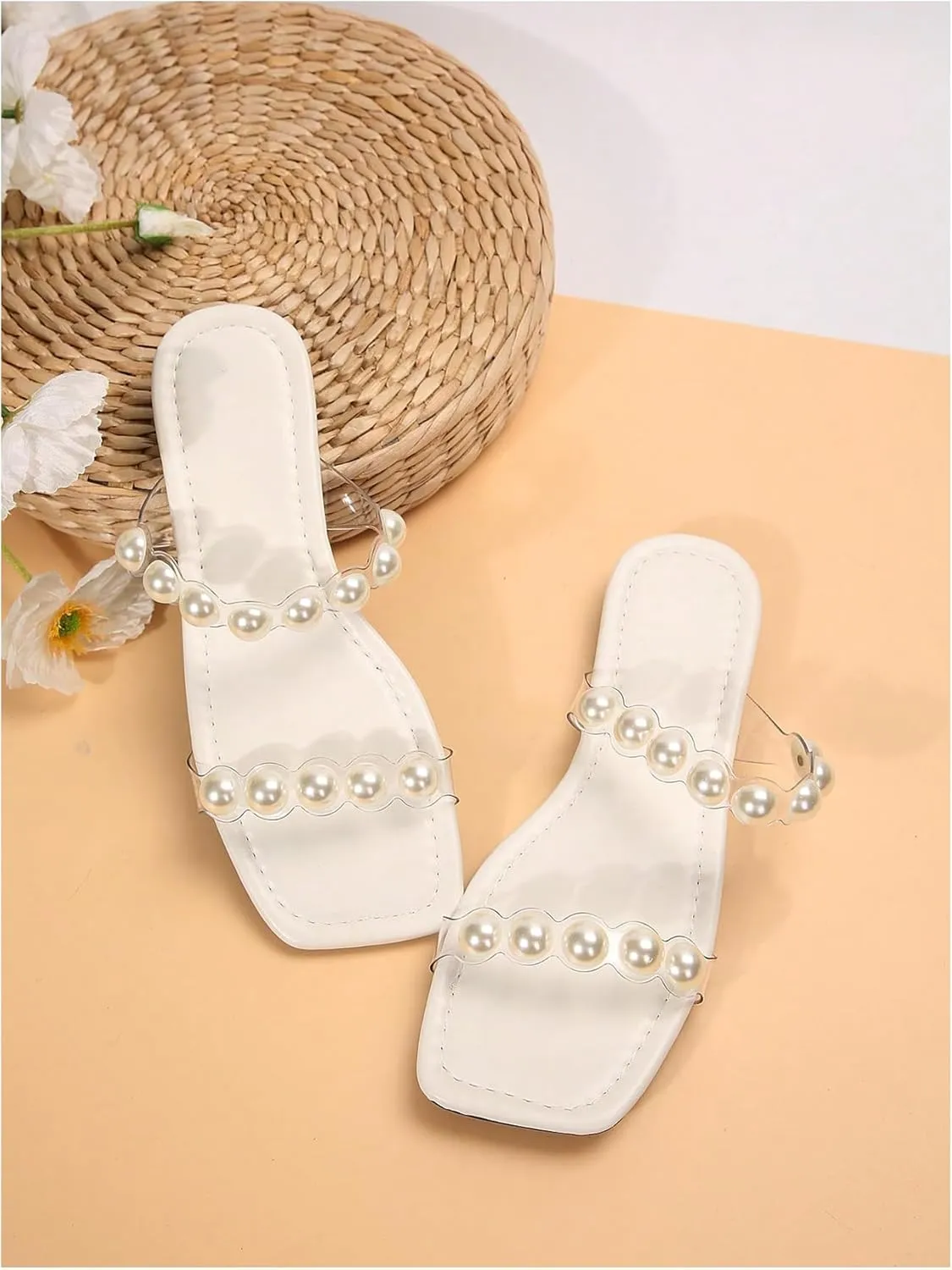 GORGLITTER Women's Pearl Clear Sandals Two Strap Summer Open Toe Slides Sandals