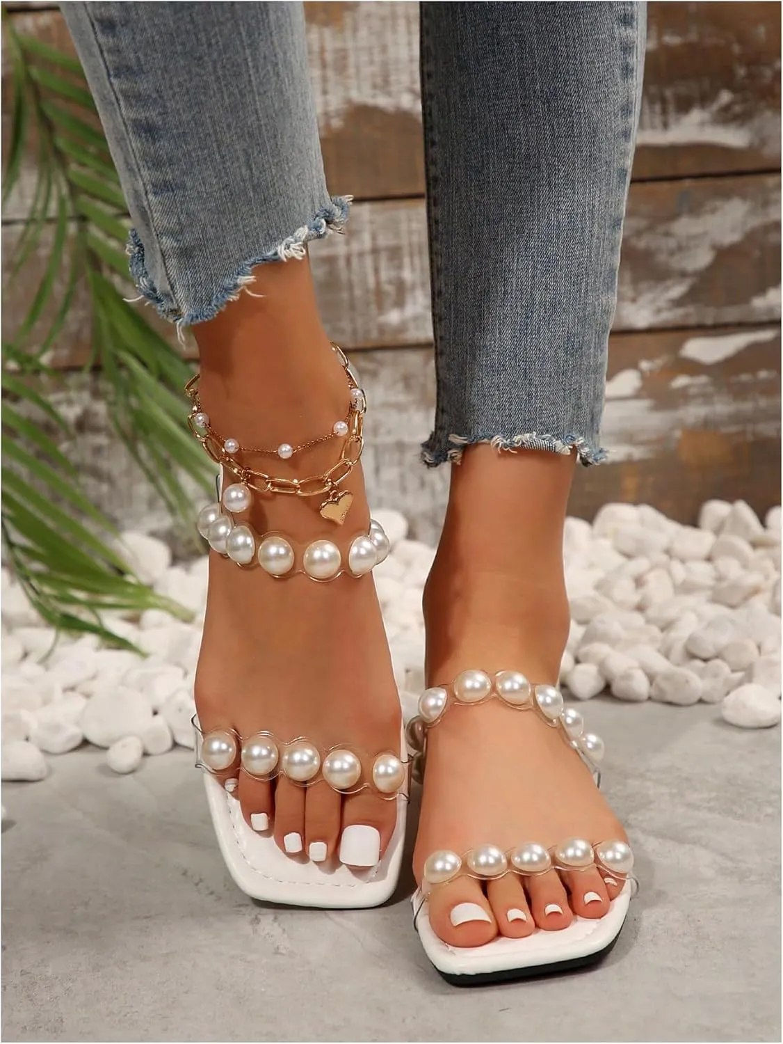 GORGLITTER Women's Pearl Clear Sandals Two Strap Summer Open Toe Slides Sandals
