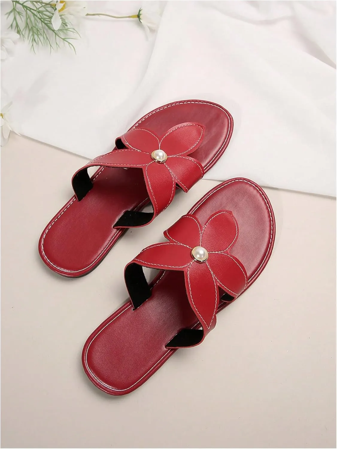 GORGLITTER Women's Pearls Floral Thong Sandals Open Toe Flip Flops Pu Leather Dressy Slippers