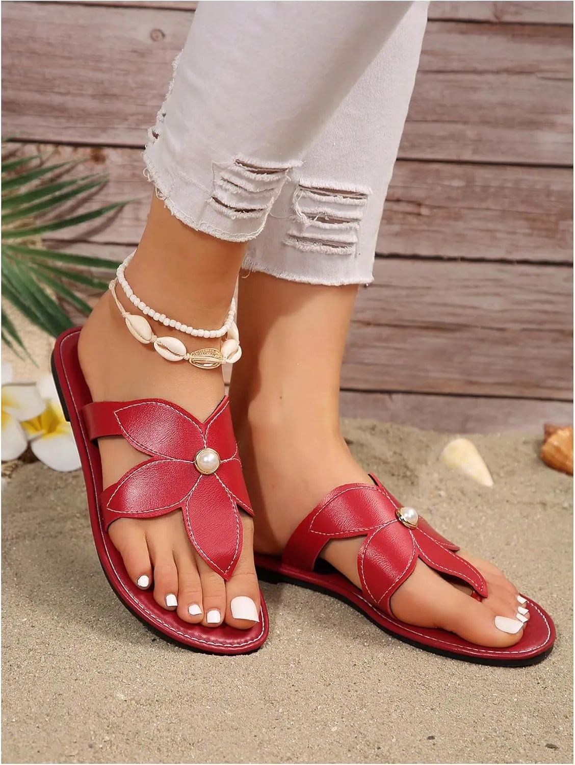 GORGLITTER Women's Pearls Floral Thong Sandals Open Toe Flip Flops Pu Leather Dressy Slippers