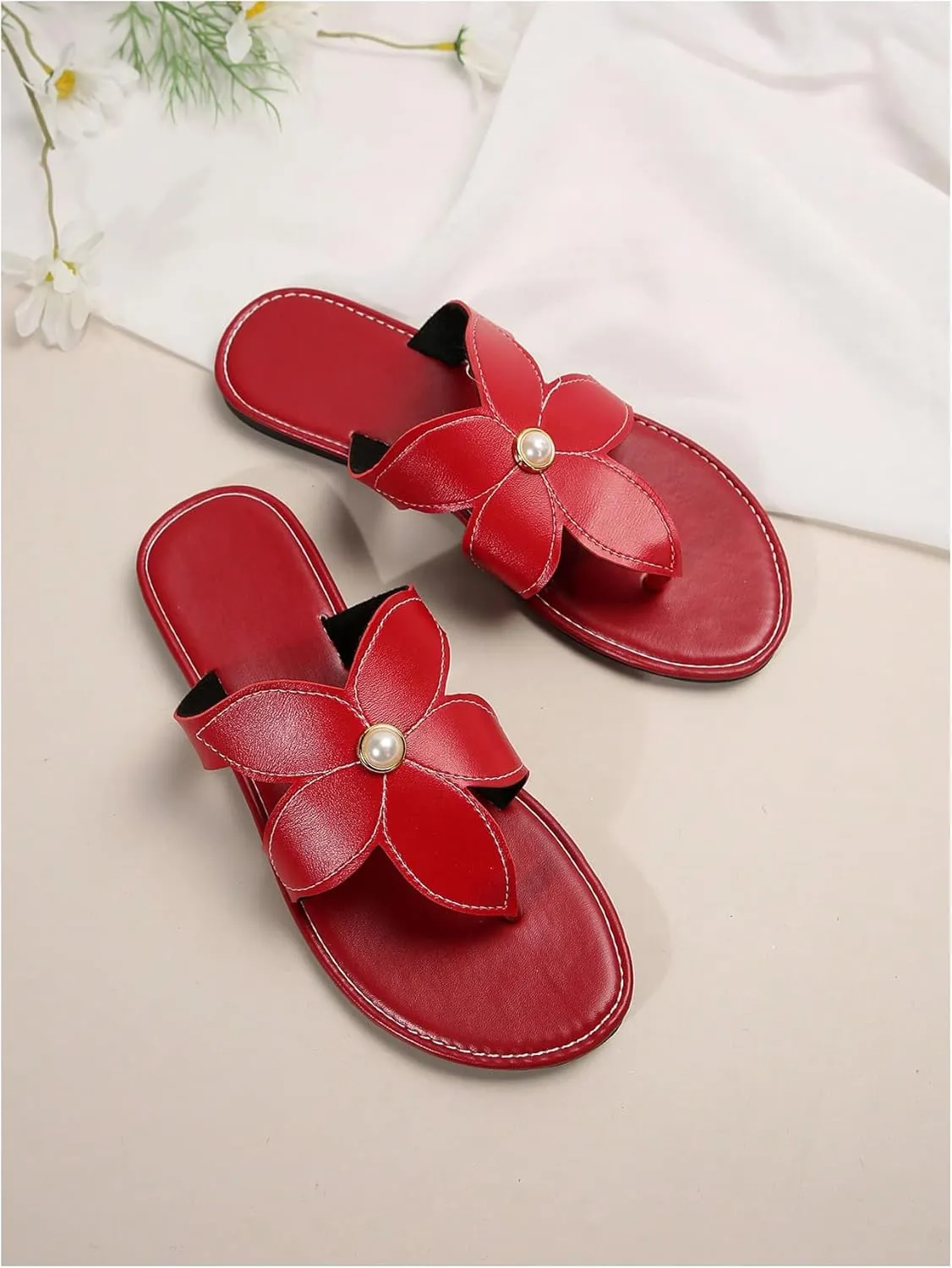 GORGLITTER Women's Pearls Floral Thong Sandals Open Toe Flip Flops Pu Leather Dressy Slippers