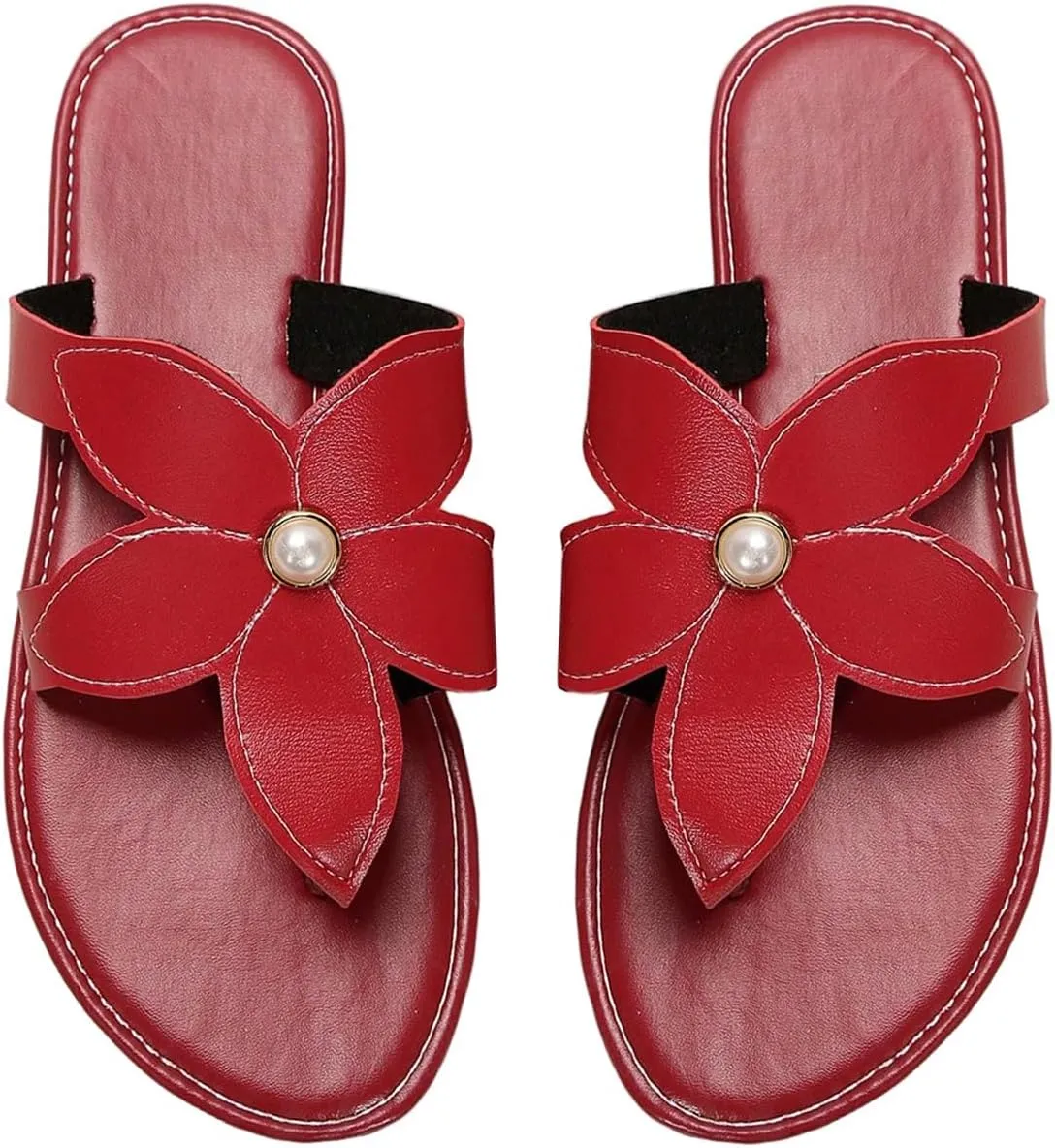 GORGLITTER Women's Pearls Floral Thong Sandals Open Toe Flip Flops Pu Leather Dressy Slippers