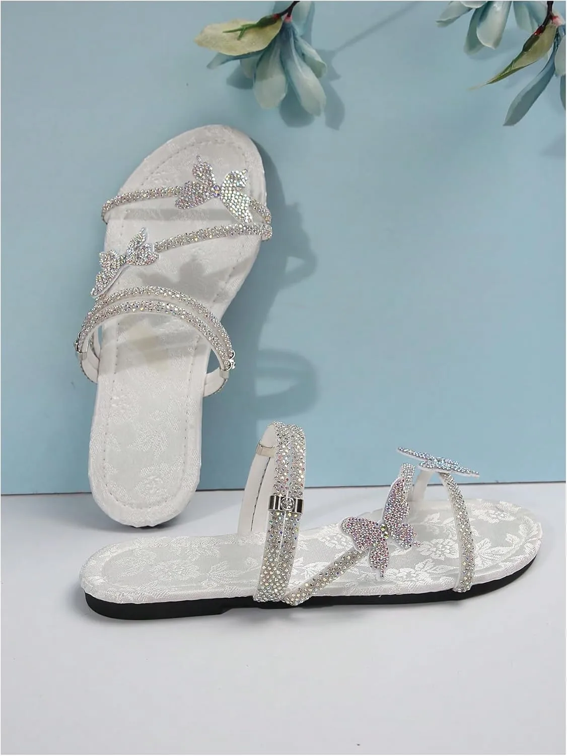 GORGLITTER Women's Sparkly Rhinestone Flat Sandals Glitter Bling Butterfly Strappy Open Toe Slides