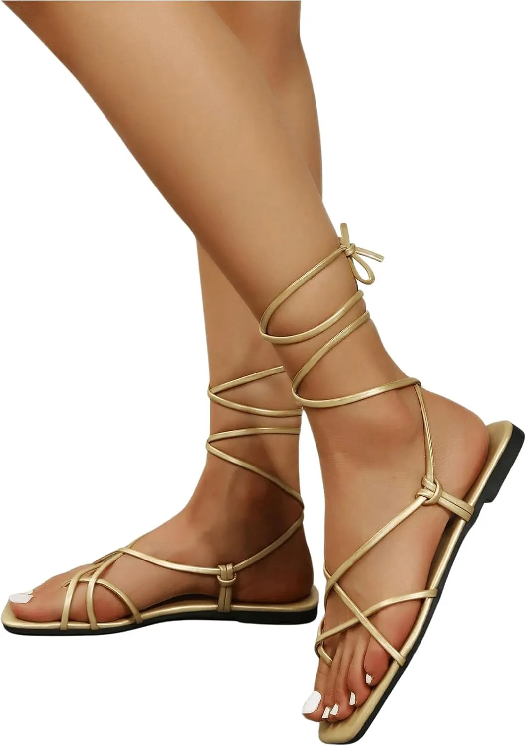 GORGLITTER Women's Summer Strappy Beach Sandals For Women 2025 Leather Lace Up Shoes