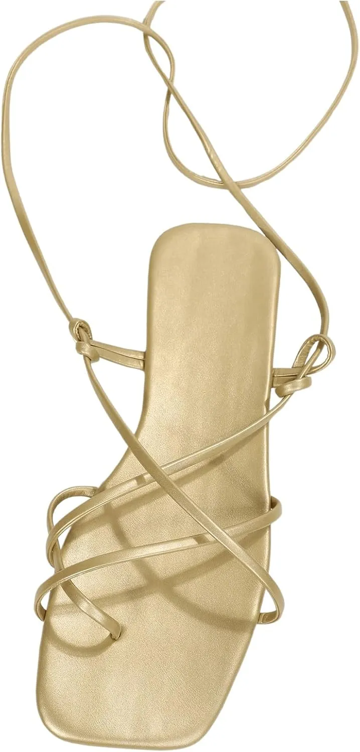GORGLITTER Women's Summer Strappy Beach Sandals For Women 2025 Leather Lace Up Shoes