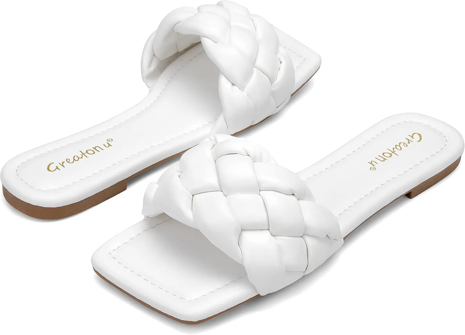 Greatonu Braided Flat Sandals for Women Square Open Toe Slide Sandals Summer Slip On Casual Woven Sandals