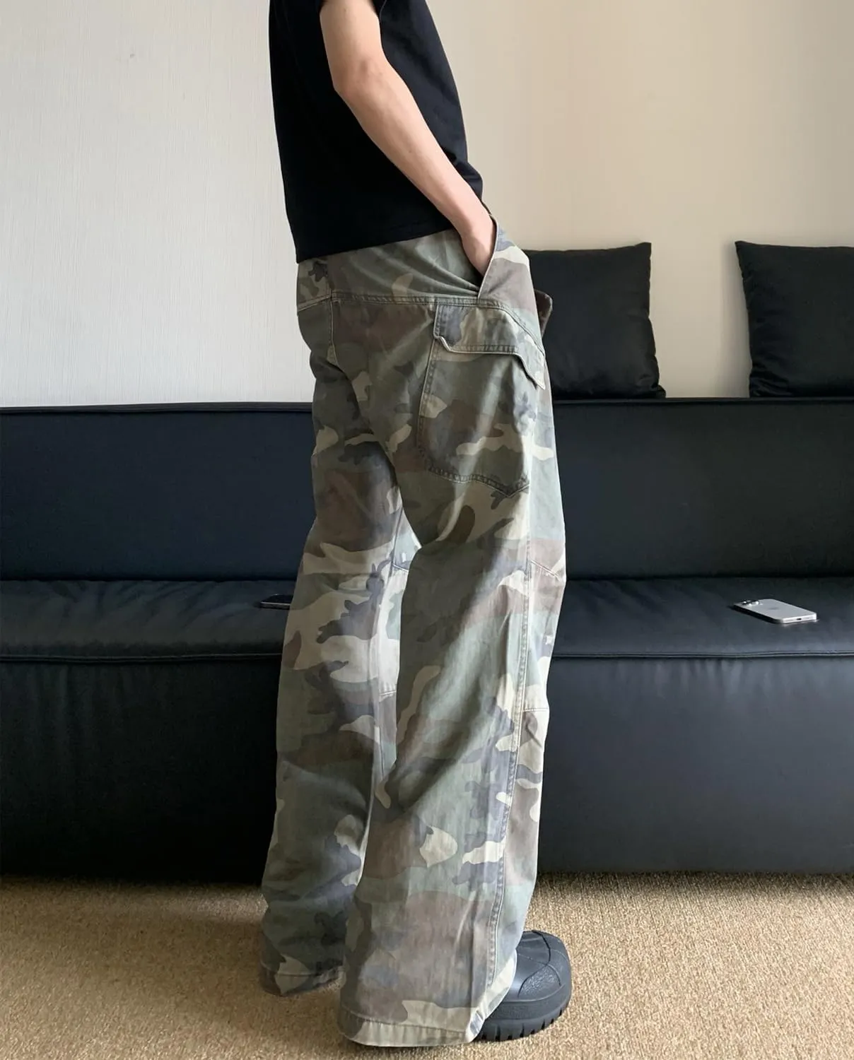 HBER Mens Camo Cargo Pants Baggy Jeans Mid Rise Wide Leg Flap Pockets Loose Fit Camouflage Y2k Streetwear Pants