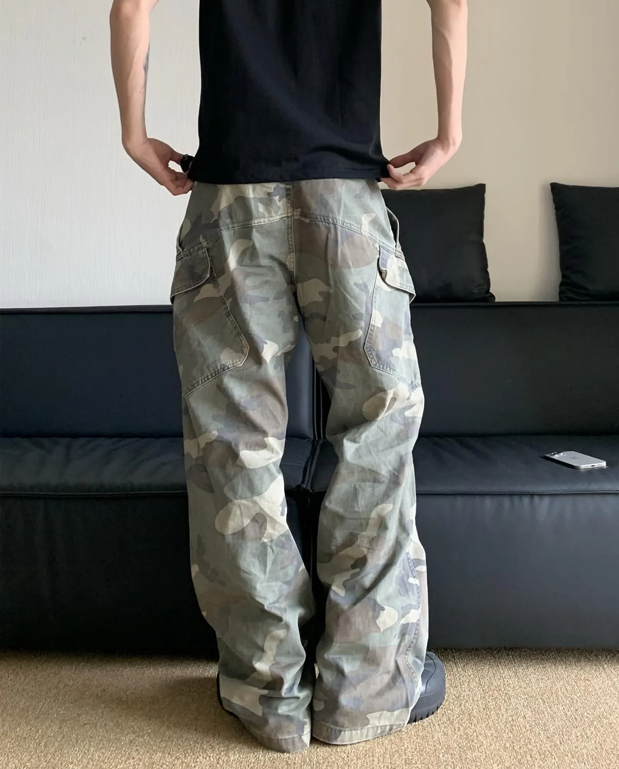 HBER Mens Camo Cargo Pants Baggy Jeans Mid Rise Wide Leg Flap Pockets Loose Fit Camouflage Y2k Streetwear Pants