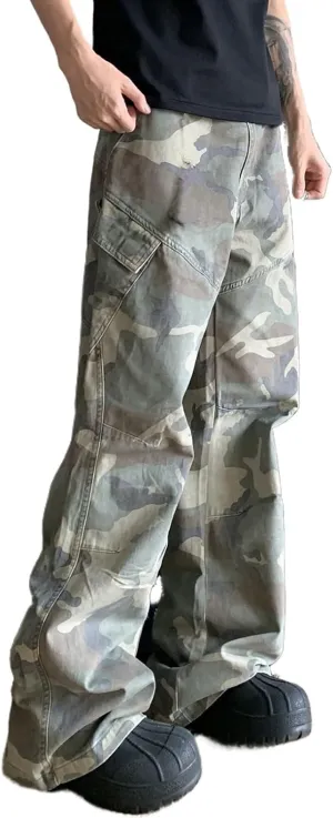 HBER Mens Camo Cargo Pants Baggy Jeans Mid Rise Wide Leg Flap Pockets Loose Fit Camouflage Y2k Streetwear Pants
